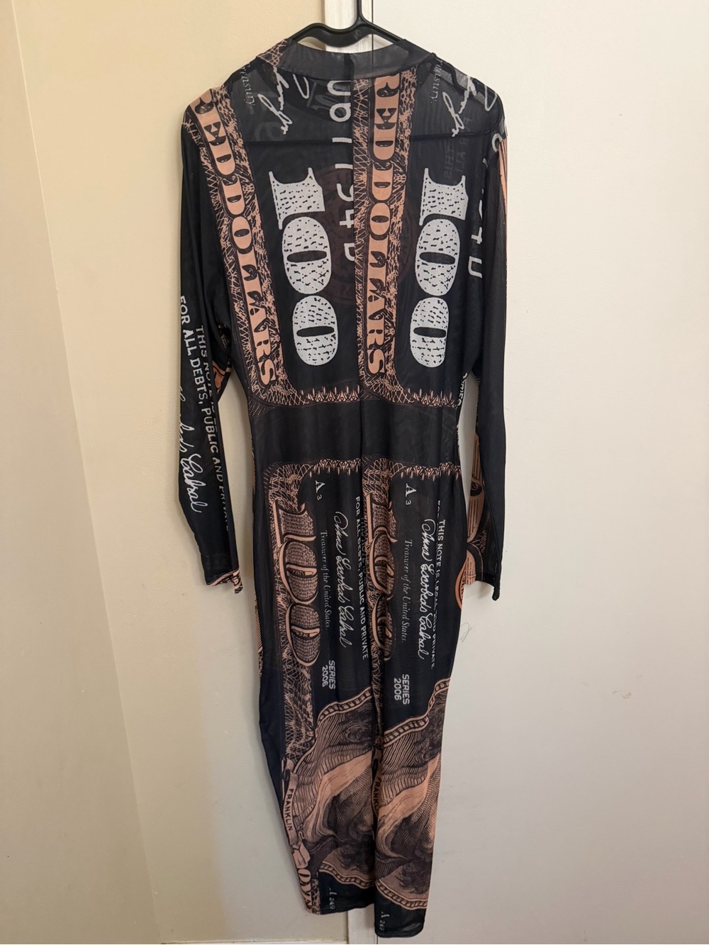 Women’s Black and Brown Novelty Dollar Print Long Sleeve Dress